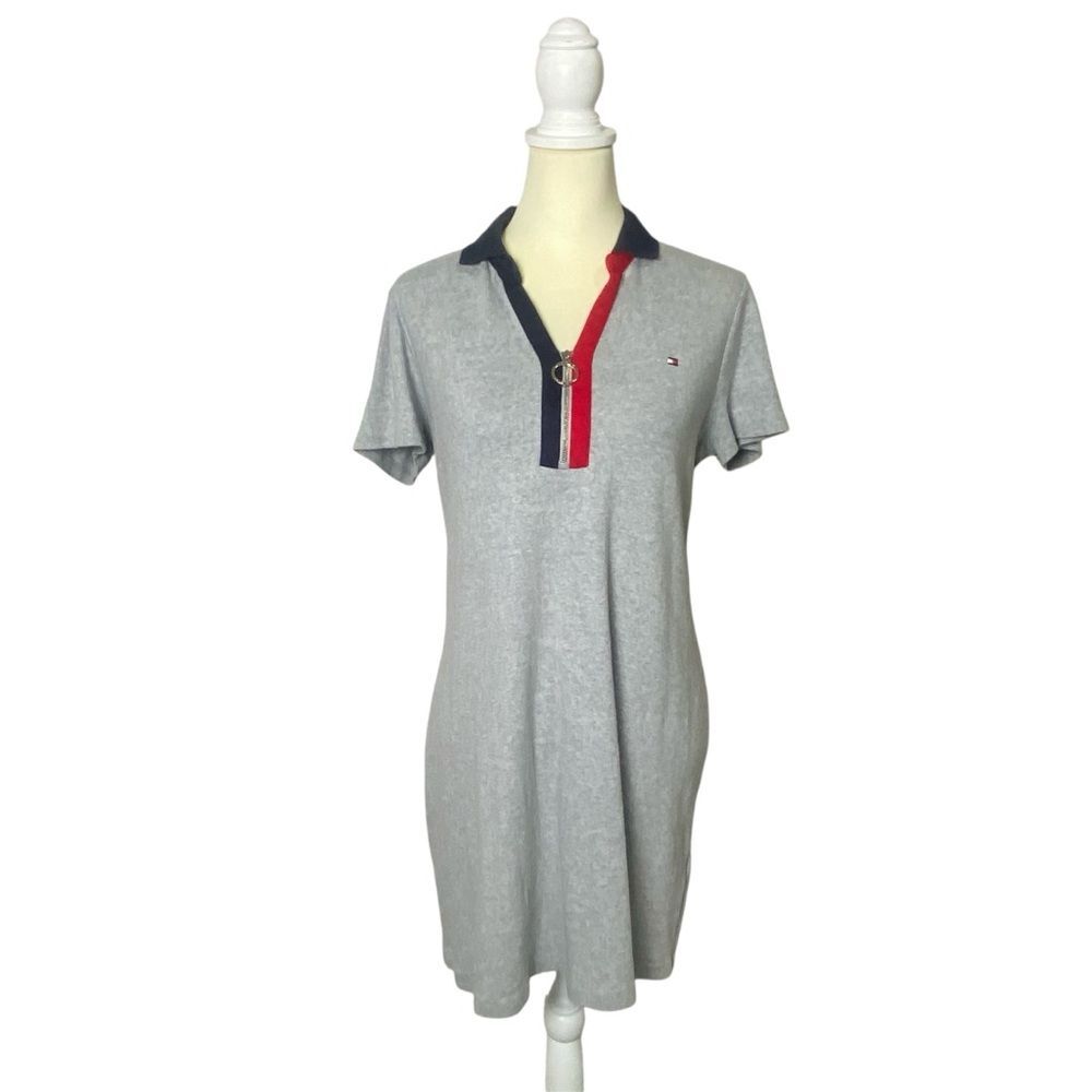 Vintage Y2K Tommy Hilfiger 100% Cotton Gray Polo Mini Shirt Dress Women's Size L